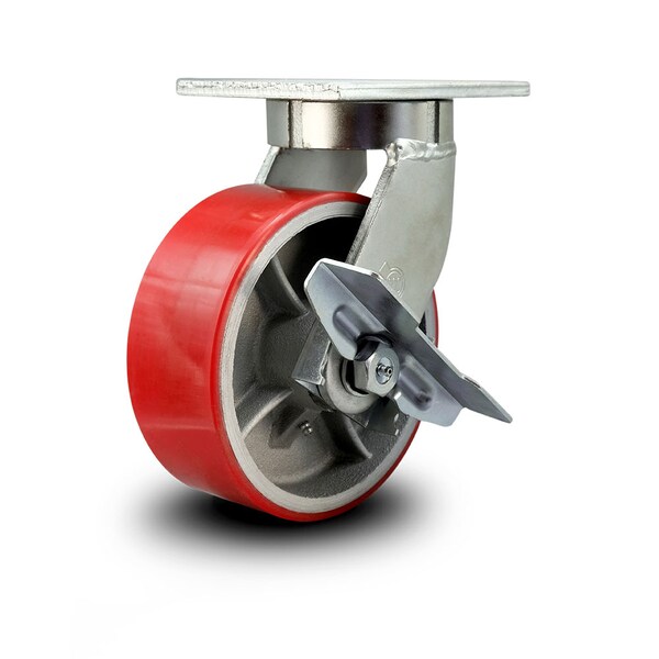8 Inch Heavy Duty Red Poly on Cast Iron Caster with Brake and Swivel Lock SCC